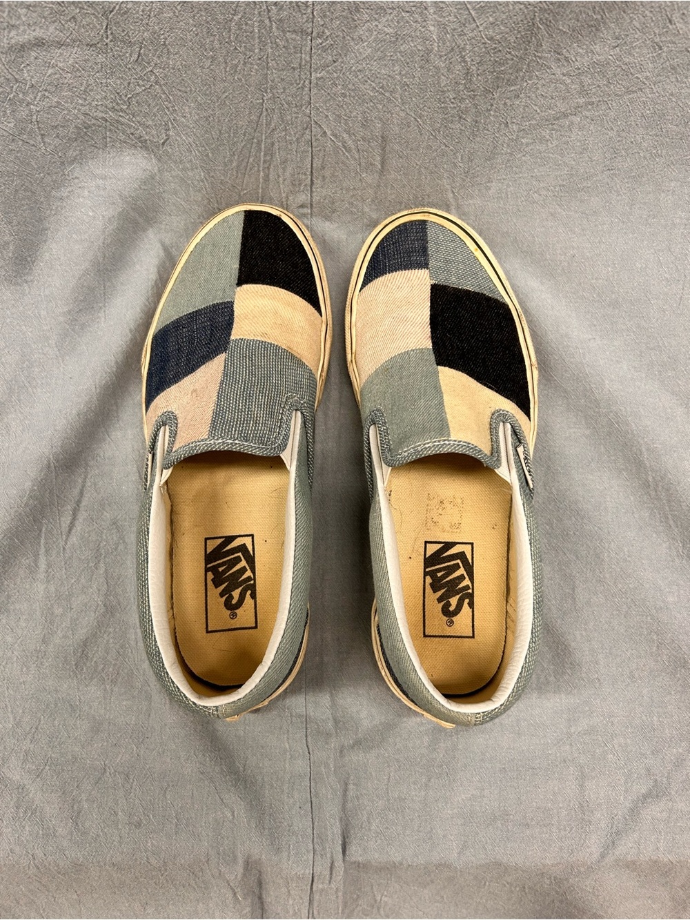 Vans Patchwork Slip-On Sneakers in Beige, Black & Blue - Picture 5 of 7